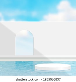 3d render, Surreal  landscape with white wall and pool with the blue sky. Modern minimal abstract background,illustration EPS10.