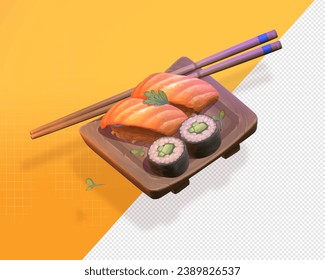 3D Render sushi and sashimi. Asian food sushi on wooden board with sushi chopsticks and wasabi. Sushi illustration with trout fish, salmon in trendy minimalism style.