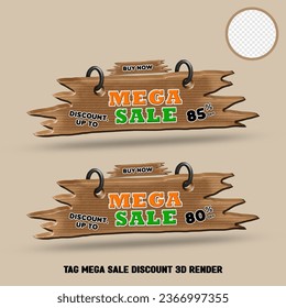 etiqueta de representación 3D de mega venta descuento promoción estilo madera 