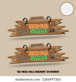 etiqueta de representación 3D de mega venta descuento promoción estilo madera 