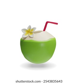 3d render tasty coconut milk cocktail. Vector illustration of tropical beverage coco with straw and plumeria. Three dimensional exotic alcohol juice from Thailand, Bali, Miami, Hawaii. Summer symbol