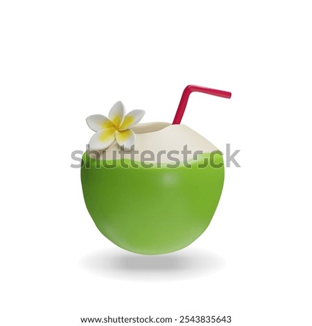 3d render tasty coconut milk cocktail. Vector illustration of tropical beverage coco with straw and plumeria. Three dimensional exotic alcohol juice from Thailand, Bali, Miami, Hawaii. Summer symbol