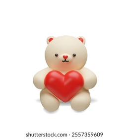 3d render teddy bear with heart. Three-dimensional soft toy for Valentines Day or anniversary. Cute romantic animal character for birthday. Present doll for children. Funny symbol for greeting.