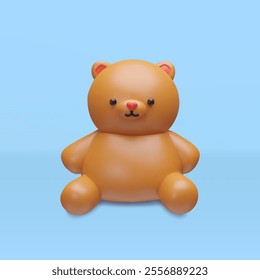 3d render teddy bear. Three-dimensional soft toy for child. Cute animal character for baby. Funny, fluffy, adorable symbol for birthday or greeting. Present doll for toddler. Plush friendship gift