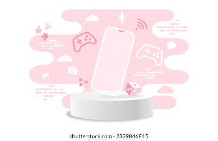 3d render top view of white blank cylinder frame for mock up and display phone game  products with shadows for kids , pink flat background 