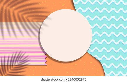 3d render top view of white blank cylinder frame for mock up and display products with shadows of palm leaves and pink blue background. Vector Creative idea concept.