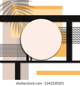 3d render top view of white blank cylinder frame for mock up and display products with shadows of palm leaves and pink blue background. Vector Creative idea concept.