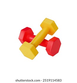 Renderizado 3D de dos mancuernas para fitness. Mancuernas de colores con un diseño rojo y amarillo, con una forma hexagonal minimalista Ilustración vectorial sobre fondo blanco