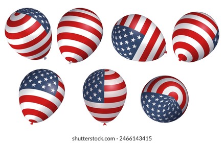 3d render United States of America country flag balloons on transparent background. Helium balloons, view from different sides for Independence Day celebrations. Vector eps10.