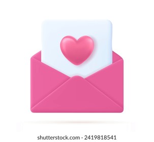 3d Render Valentine day envelope with heart. love heart in letter message on white background. Symbol of Valentine's day. Giving love mail. Vector illustration