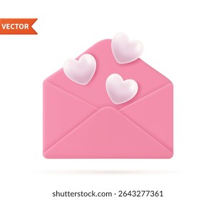 3d Render Valentine day envelope with flying heart. love heart in letter message on white background. Symbol of Valentine's day. Giving love mail. Vector illustration