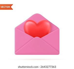 3d Render Valentine day envelope with heart. love heart in letter message on white background. Symbol of Valentine's day. Giving love mail. Vector illustration