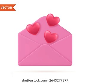 3d Render Valentine day envelope with flying heart. love heart in letter message on white background. Symbol of Valentine's day. Giving love mail. Vector illustration