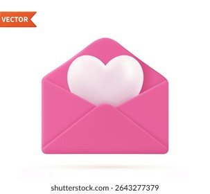3d Render Valentine day envelope with heart. love heart in letter message on white background. Symbol of Valentine's day. Giving love mail. Vector illustration