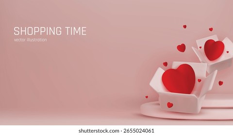 Renderizado 3D para la venta de San Valentín con corazones rojos en cajas abiertas y tipografía elegante. Ideal para ecommerce, Anuncios, anuncios y promociones de eventos románticos.