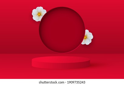 3d render of valentine stage background. Bright red festive podium or pedestal background with flower decoration. Love vector illustration