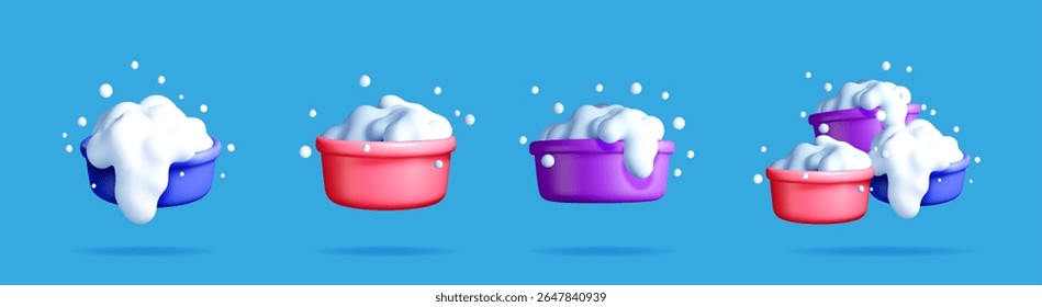 3D render of various colorful bowls with thick soap foam and bubbles. Concept of clean, washing, and laundry day.