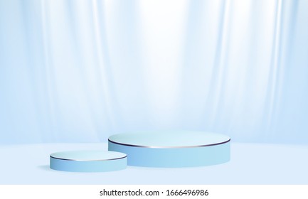 3D render vector of blue abstract geometric background or texture. Bright pastel podium or pedestal backdrop. Blank minimal design concept. Stage for awards ceremony on website in modern silk blue