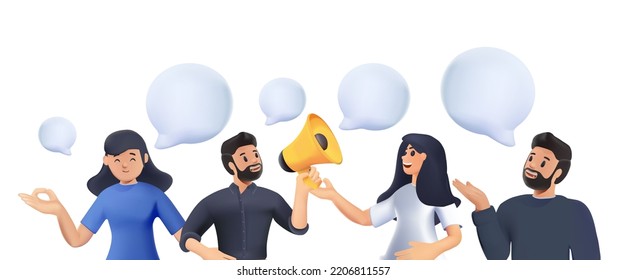 3D render Vector illustration, businessmen discuss social network, news, social networks, chat, dialogue speech bubbles vector. Teamwork and cooperation, coworking and brainstorming. Communication