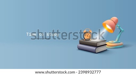 3d render vector illustration of desk lamp with pile of books and alarm clock, time to study banner illustration