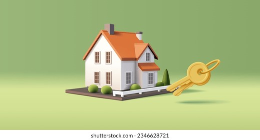 3d render vector illustration of house with keys, real estate property investment, mortgage and leasing