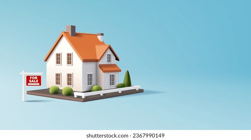 3d render vector illustration of house with for sale sign, real estate property investment, mortgage and leasing