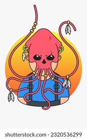 3d render vector illustration of a shaman-villain wearing a red squid mask on a round orange gradient background