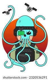 3d render vector illustration of villain drone operator in military uniform with squid mask on round orange background