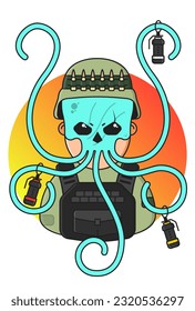 Ilustración vectorial 3D de un villano con uniforme militar usando una máscara de calamar en un fondo redondo de gradiente naranja