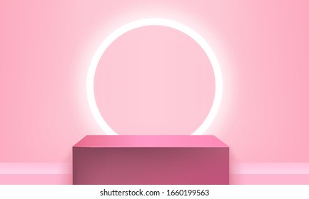 3D render vector of pink abstract geometric background or texture. Bright pastel podium or pedestal backdrop. Blank minimal design concept. Stage for awards ceremony on website in modern pink shape