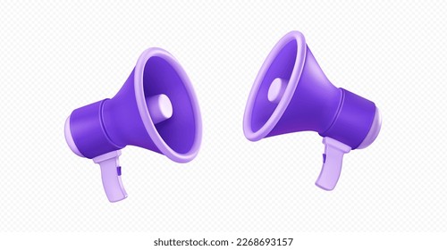 3d render vector realistic loud speaker object. Purple loudspeaker illustration of sound or communication element in design. Media megafon concept for message or speech on advertising banner