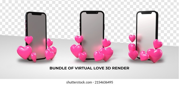 3D Render Virtual Love Phone And Heart Object Pink Color, Date, Wedding