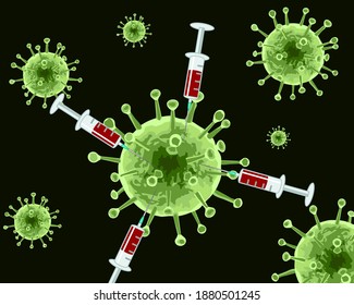 3d render of a virus with a syringe. Vaccine against the virus, vector illustration.