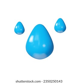 3D render water drops. Realistic nature element about rainy weather. Vector illustration in clay style. Blue liguid shape. Environment symbol of wet climate. Pure raindrop of aqua on Earth day