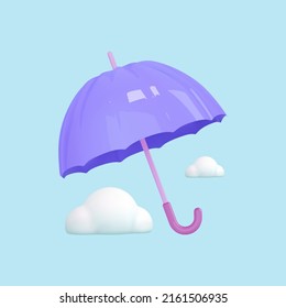 3d render weather icon. Fly umbrella and clouds on blue background. Finance, bank, insurance concept. Cartoon vector illustration