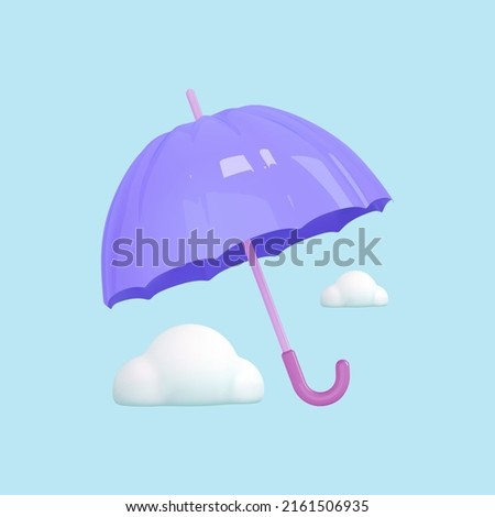 3d render weather icon. Fly umbrella and clouds on blue background. Finance, bank, insurance concept. Cartoon vector illustration