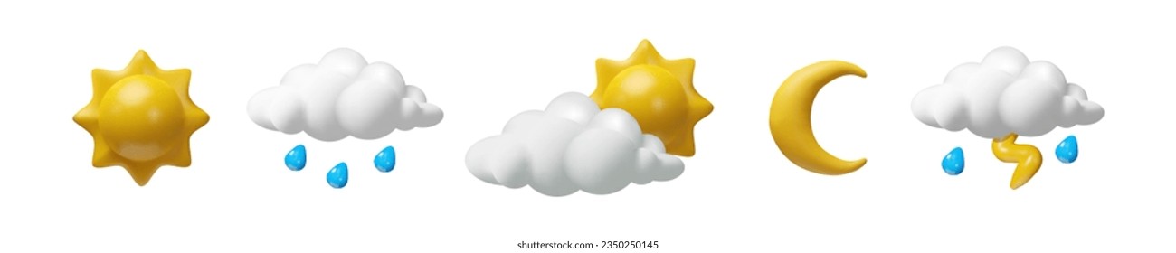 3D render weather icon set. Realistic cartoon Sunny, rainy, partly cloud, clear night, storm. Vector illustration in plastic style. Meteorology forecast. Climate sign collection