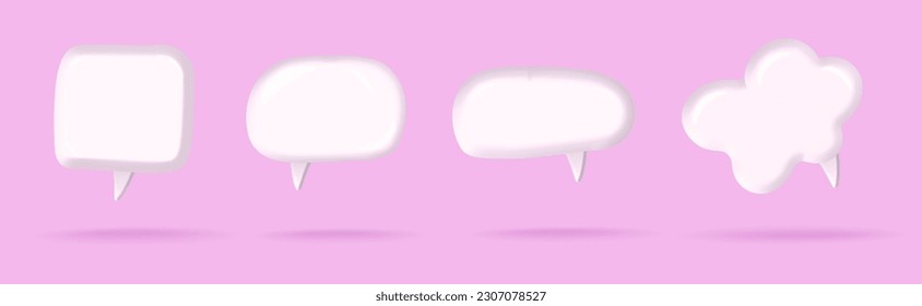 3d render white blank speech bubble, social media chat message icon sey. Empty text bubbles in various shapes, comment, dialogue balloon collection. Thought clouds of different shapes. Vector eps10