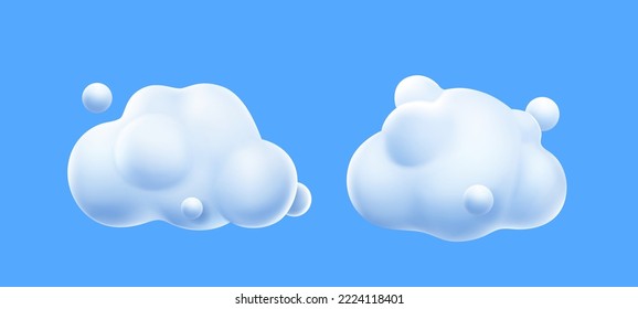 3d render white clouds, cute fluffy spindrift rounded cumulus eddies. Flying weather and nature design elements balloons isolated on blue background, vector illustration in cartoon plastic style icons