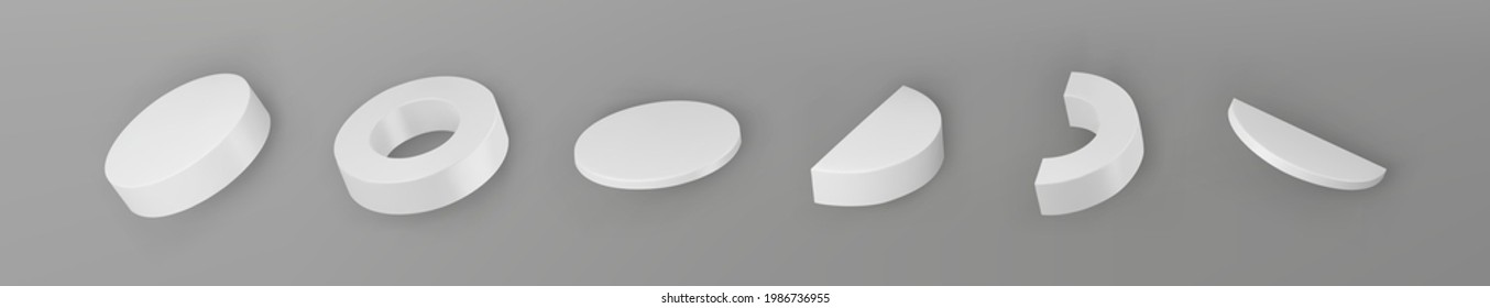 3d Render White Geometric Shapes Objects Set Isolated On Grey Background. White Solid Realistic Primitives - Cylinder, Pipe, Ring With Shadows. Abstract Decorative Vector Figure For Trendy Design