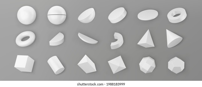 3d render white geometric shapes objects set isolated on grey background. White realistic primitives - sphere, pyramid, torus, cone with shadows. Abstract decorative vector figure for trendy design