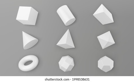 3d representan objetos de formas geométricas blancas aislados en el fondo gris. Primeros blancos realistas: cubo, pirámide, toro, cono con sombras. Resumen de la figura decorativa del vector para el diseño de moda