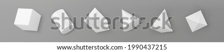 3d render white geometric shapes objects set isolated on grey background. Solid white realistic primitives - cube, cylinder, cone, pyramid with shadows. Abstract decorative vector for trendy design