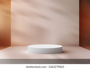 3D-Rendering eines weißen Podiums auf beigem Hintergrund mit braunem Wandhintergrund ist ideal für Produktpräsentationen. Vektorgrafik