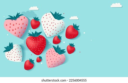 3D Render, White And Red Paper Strawberries On Turquoise Background And Copy Space.