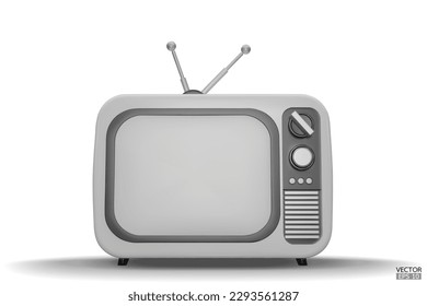 3D render white Vintage Television Cartoon style isolate on background. Minimal Retro TV. White analog TV.  Old TV set with antenna. 3d vector illustration.