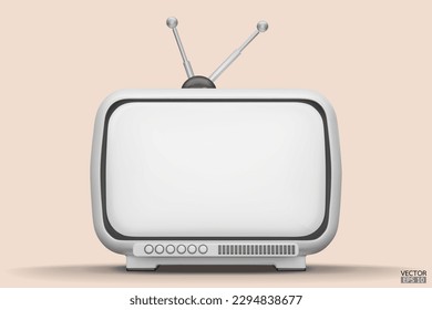 3D representa el blanco de la televisión vintage estilo caricatura aislado en segundo plano. Mínima TV Retro. Televisión analógica blanca.  Viejo televisor con antena. Ilustración vectorial 3d.