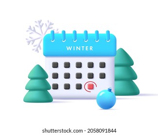 Icono de calendario azul de invierno de 3d con árboles de Navidad y bola con copo de nieve a su alrededor, ilustración de estilo de representación, aislado