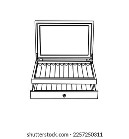 Juego de escritura 3d con una caja elegante. Lápiz de bolas y lápiz de tinta sobre un fondo brillante. Colección de clipart de la escuela. Caja de lápiz Papel en blanco Caja de plumas con bandeja de inserción de espuma. 3d ilustración de representación.