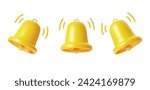 3d render Yellow Bell notifications. Set of Bells Icon. Ringing handbell icons for social media reminder and alert. Vector illustration.